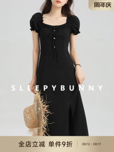 Hebe Style Bubble Sleeve Tie Waist A-Line Dress Women Summer Sweet Personality Slimming Short Sleeve Square Collar Gown