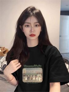 Black Pure Cotton Short Sleeve Shoulder T-Shirt Womens Oversize Summer Loose Large T-shirt Cold Series Fancy Tops