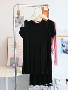 ชุดเดรสยาวแขนสั้นผ้าโมดอลสีดำหลวมๆ สำหรับฤดูร้อน ชุดกระโปรงทรงเอเข้ารูปสบายๆ สำหรับผู้หญิง ชุดแฟชั่นสุดเก๋