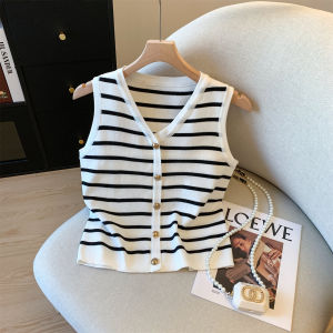 Summer New Style Womens Knitted Vest V-Neck Sleeveless High Waist Stripe Pattern Gold Button French Style Top Short Length