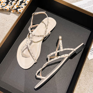 Womens Flat Sandals Summer Fashion Soft Bottom Rivet Beach Roman Shoes Low Cut Korean Style Daily Wear Ultrafine Fiber Leather