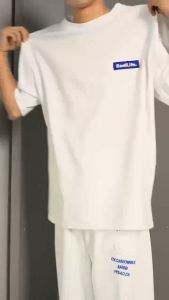 เสื้อยืดคอกลมผู้ชายรูปแบบโลโก้ผ้าวาฟเฟิลชูดคู่รักสไตล์เกาหลี