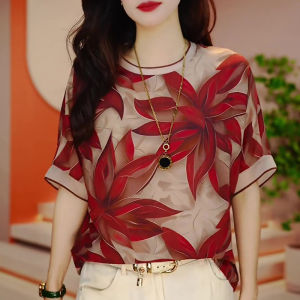 Elegant Floral Print Silk Shirt Womens Summer Short Sleeve  Silk Top High-End Brand Hangzhou Style Commute Fashion