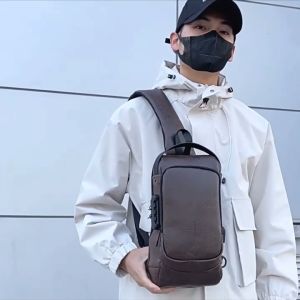 Malaysia Stock!! LEEFO Men Chest Bag USB Riding Bag Pu Leather Backpack Crossbody Bag Sling Shoulder Bag