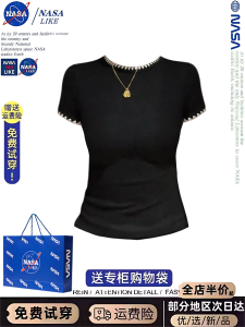 เสื้อยืดแขนสั้นปักลาย NASA สีดำ ทรงเข้ารูป เสื้อเชิ้ตชั้นในสำหรับผู้หญิง ฤดูร้อน 2025 ใหม่ กระชับสัดส่วน แขนสั้น คอกลม