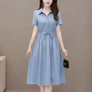 Casual Cotton Linen Dress Womens Stylish Summer Slimming Fashionable Skirt Korean Style A-Line Midi Dress Pure Color