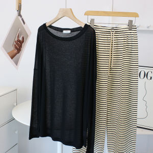 Thin Scoop See-through T-shirt Knitting Sun Protection Shirt Womens Summer Loose Long-Sleeved Air Conditioning Room Clothing Beach Outerwar Blouse