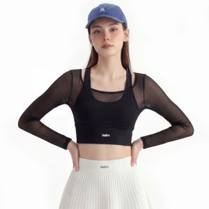 LongHero SG Sports Top for WoMan Faux Two Piece Sheer Mesh Long Sleeve Square Neck Cropped Yoga