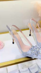 Giày cao gót max kim tuyến phale xám HALEY STORE gót 9cm quai trong đính đá xoàn phale mũi nhọn khóa cài đi tiệc đi chơi