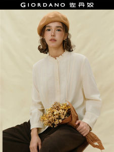 Elegant Long Sleeve Embroidered Pure Cotton Loose Fit Stand Collar Designer Shirt for Women Giordano 18345706 Commute Wear