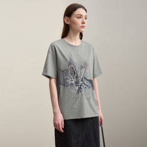 AMII | Round Neck Porcelain Cotton Direct Foaming Print Elastic Loose Drop Shoulder T-shirt