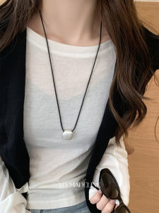 Silver Brushed Metal Pendant Leather String Necklace Female Minimalist Fashion Design Personality Sweater Chain Sweater Chain Ornament