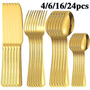 4/6/16/24pcs Stainless steel gold tableware including steak knife fork and spoon family hotel restaurant western tableware
