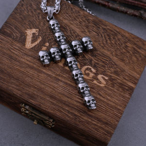 Gothic Cross Skull Necklace Mens Retro Hip Hop Street Style Biker Fashion Pendant Stainless Steel Jewelry Gift Wooden Box