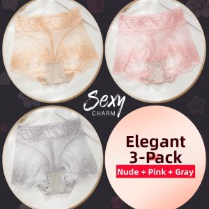 Lace High Waist No Mark Cotton Breathable Abdomen Control Buttock Lifting Briefs 3 Pcs