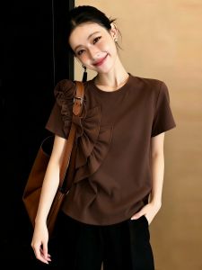 SHUAIYUE | Áo Thun T Tay Ngắn Kiểu Hàn Quốc Có Dải Voan Nâu