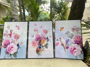 Tranh treo tương- Tranh Laminate Tráng gương in giả viền- Tranh hoaquả- Tranh treo phòng kháchphòng bếp- Bộ 3 tấm