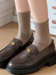 Socks Womens Mid Tube Stockings Candy Color Fall and Winter Bunching Socks Matching Small Leather Shoes South Korea Vertical Stripes Pure Color Trendy Stockings