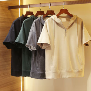 Áo Thun Nam Tay Ngắn Mùa Hè Có Mũ Trùm Đầu Áo Nỉ Cotton Khóa Kéo Dáng Rộng Thời Trang Thường Ngày Thoáng Khí Cỡ Lớn