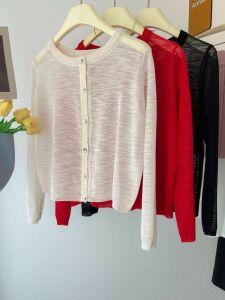 Lightweight Summer Knitted Ice Silk Open Cardigan Womens Long Sleeve Loose Butterfly Knot Embroidered round Neck Sunshade Coat