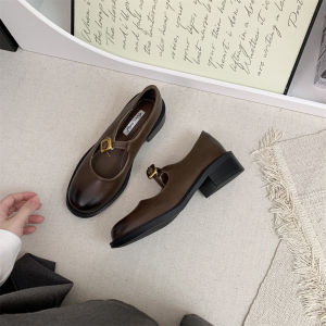 รองเท้าส้นเตี้ยแบบสวมสำหรับผู้หญิง ทรง Mary Janes สไตล์ย้อนยุคฝรั่งเศส ทรงหัวมน ส้นสูงปานกลาง สไตล์อังกฤษ รองเท้าหนัง PU