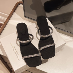 French Style Small Heel Sandals Outwear Womens Shoes 2024 Summer New Arrival Chunky Heel with Skirt Rhinestone Fashion Elegant Flip Flops