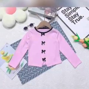 Áo dài tay bé gái đính nơ xinh xắn chất thun tăm Hàn co giãn mềm mịn form đẹp 10-27kg