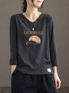 Pure ผ้าฝ้าย Long Sleeve คอวี ผู้หญิง เสื้อยืด พลัสไซส์ Base Shirt Seasonless Brand Export Original Label Removal