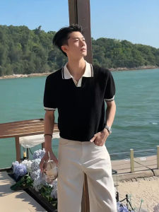 Retro Style Contrast Color Seagull V-Neck Knitted Polo T-Shirt Men Summer Stylish