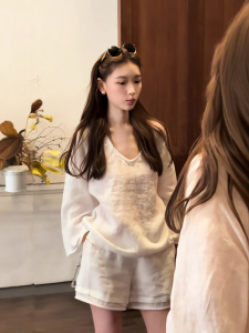 Slim V-Neck Thin Long Sleeve Shirt and Casual Shorts Set