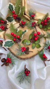 HIASAN BUNGA TUSUK NATAL / DEKORASI BUNGA PINUS SALJU CERI DAUN NATAL / AKSESORIS ORNAMEN FOTO NATAL