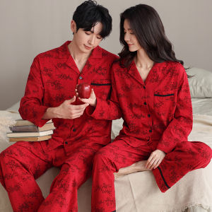 Miiow | Couples Pure Cotton Long Sleeve Sleepwear Set Womens Style Home Clothes Red For New Marriage Autumn Spring Season Catman