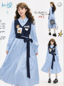KEIKO | French Stripe Slimming Pinafore Dress Autumn