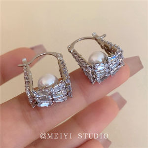Fashionable Pearl Geometric Hoop Earrings Full of Diamonds Brighton Style Elegant Korean  out Alloy Plated Silver Gold