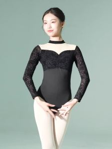 daydance | Long Sleeve Ballet Leotards for Women Adult Black Lace Gymnastics Leotards Nylon Aerialist Yoga Practice Bodysuits Dance Leotard