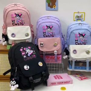 46cm Sanrio Kuromi Collaboration Backpack for Girls - Cute Anime School Bag with Free Plush Doll Large Capacity Bookbag for Teens Kawaii Cosplay Gift Set