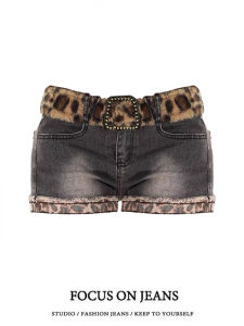 American Y2K Leopard Print Cuffed Denim Shorts Women Summer Design Low Waist Bodycon Hot Pants Casual Wide Leg Low Waist