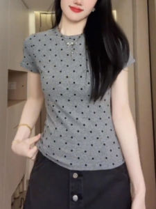 Áo Thun Tay Ngắn Cổ Tròn Họa Tiết Chấm Bi Cho Nữ Mùa Hè Phong Cách Mới Ôm Vừa Vặn Trẻ Trung Màu Trơn Polyester