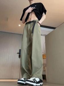 Quần Dài Thể Thao Mùa Hè Bằng Lụa Băng Mỏng Màu Xanh Lá Cây Cạp Chun Nhanh Khô Quần Dài Ống Đứng Quần Áo Bảo Hộ Lao Động Thường Ngày Cho Nam