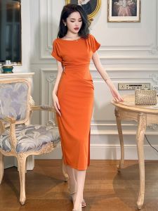 ชุดเดรสสีส้ม ทรงเอวสูง แขนค้างคาว ช่วงขากลาง ชุดราตรีสุดเซ็กซี่ ชุดเดรสสีส้ม ชุดเดรสสุดหรูหรา ชุดเดรสฤดูร้อน
