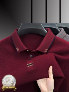 เสื้อสเวตเตอร์ถักคอปกหนาสีแดง 100% เส้นด้ายขนสัตว์สำหรับผู้ชาย แฟชั่นฤดูหนาว เสื้อคลุมปกติ สวมใส่สบาย เสื้อคลุมปกติ
