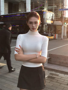 French Elegant White Simple Harajuku Style Versatile Semi-High Collar Mid-Sleeve T-Shirt Women Summer Waist-Cinching High-End Feeling Top