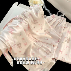 ชุดนอนผู้หญิงแขนยาวไหมน้ำแข็ง ชุดนอนฤดูร้อน 2025 ใหม่ แขนสั้น ผ้าฝ้ายผสมโพลีเอสเตอร์ 2 ชิ้น เสื้อผ้าใส่ในบ้าน