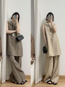 Ladies Linen Sleeveless Set High Waist Summer Fashion Long Pants Dress Two-Piece Ensemble round Neckline Casual Outfit
