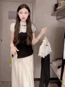 เสื้อยืดผู้หญิงทรงเข้ารูปสไตล์จีนใหม่พร้อมกระดุมสไตล์จีน แขนสั้น คอตั้ง ปกติ ผ้าฝ้ายผสม ฤดูร้อน 2024