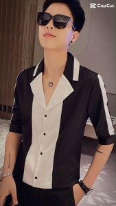 Áo sơ mi áo sơ mi nam áo sơ mi lửng tay phối 2 màu chủ đạo đen trắng cổ V - Chất liệu mềm mịn thoáng khí lên form đẹp - Mã N12