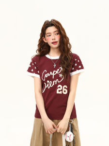 WILDAZI | Wine Red Short Loose Summer Tee Shirts with Star Letter Print