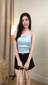 [W0330] สายเดี่ยวลายดอกไม้ แต่งโบว์ แต่งขอบลูกไม้ มีฟองนํ้า ทรงรัดรูป สวยน่ารักหวานๆ สไตล์เกาหลี