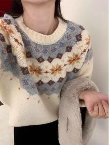 WANGGONGZHU | Retro Soft Knitted Base Shirt Womens Autumn Winter Thickened Loose Lazy Overhead Versatile Sweater Princess Style Commute Fashion