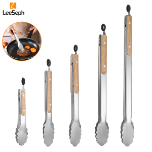 Leeseph Stainless Steel Food Tongs Heavy Duty Kitchen Tongs with Wooden Handle for Cooking Grilling and BBQ 7-16 Inch Length